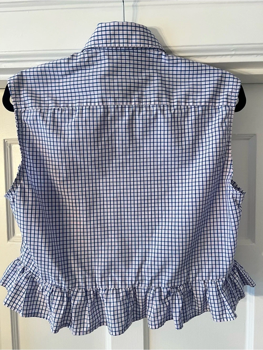 Upcycled Sleeveless Ruffled Hem Button-Down Top in Blue, Pink & White Check - Picture 2 of 3